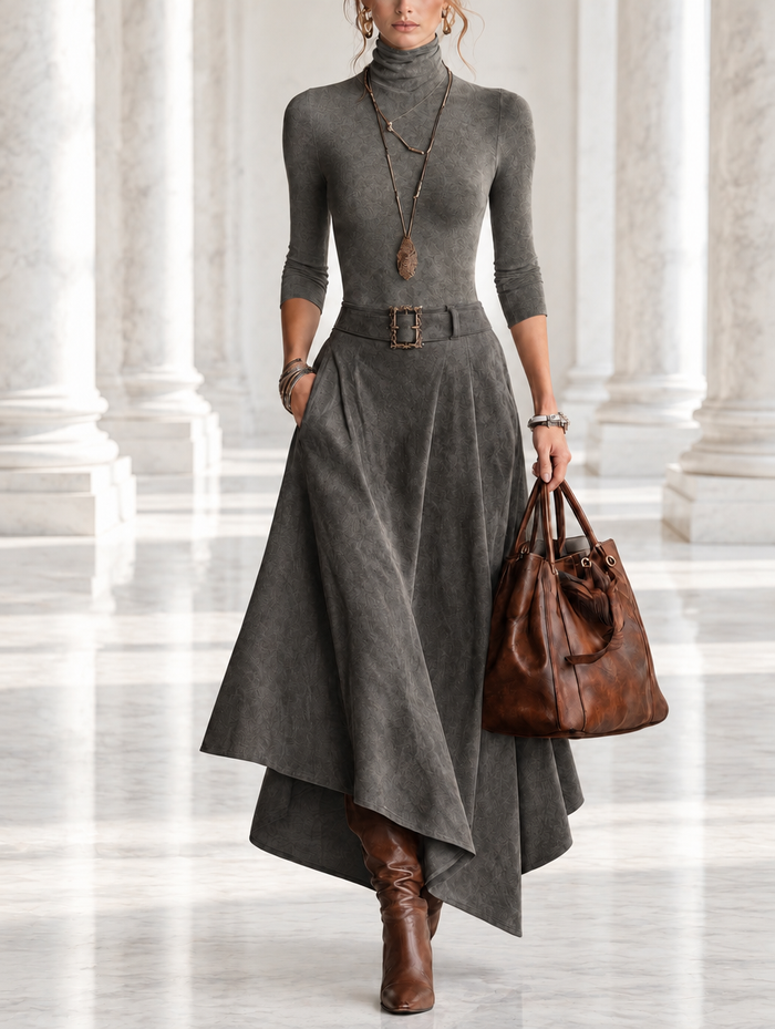 Delphina turtleneck top and asymmetric midi skirt set in grey, front view
