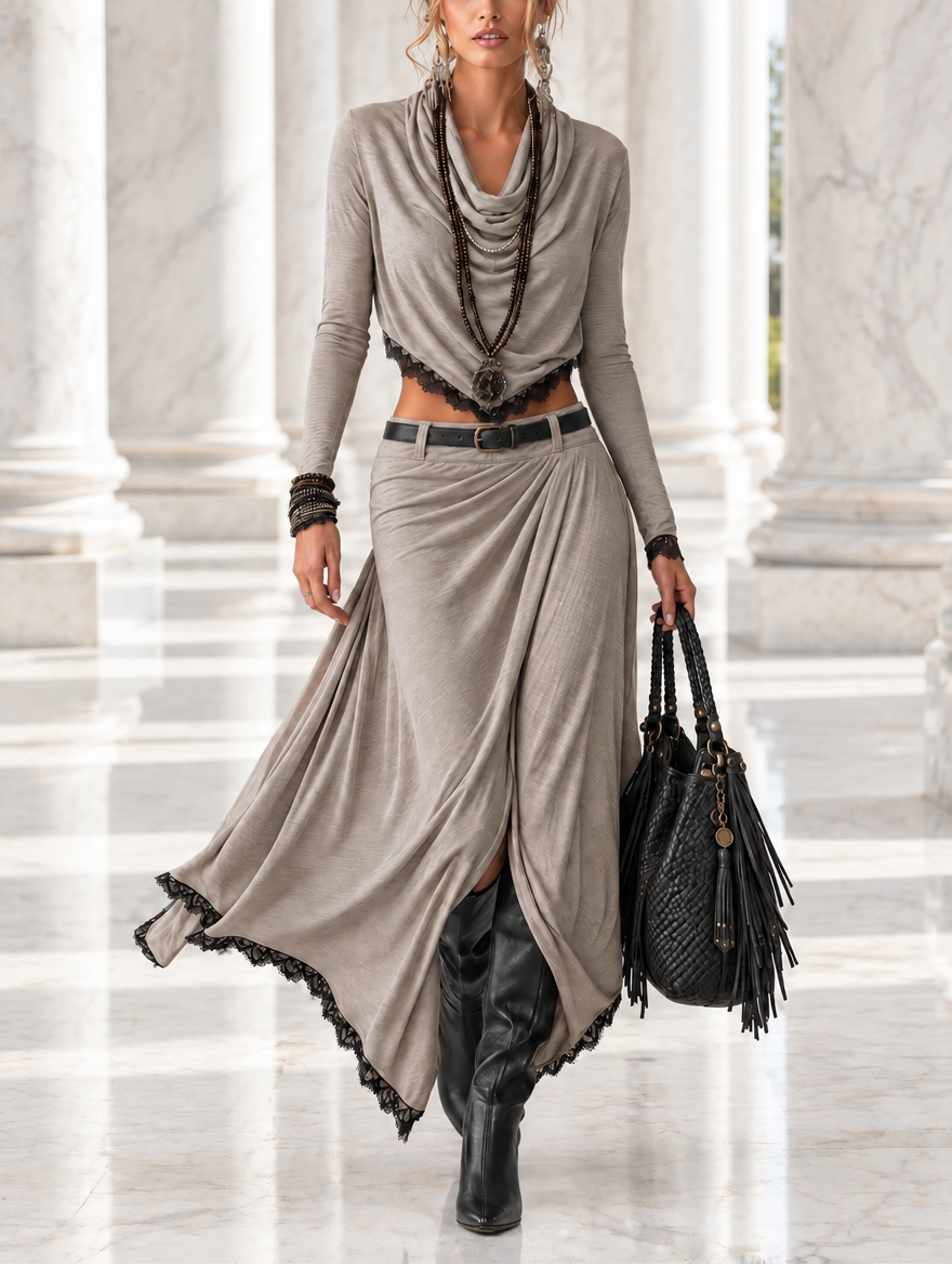 Idony draped top and maxi skirt set in grey, front view
