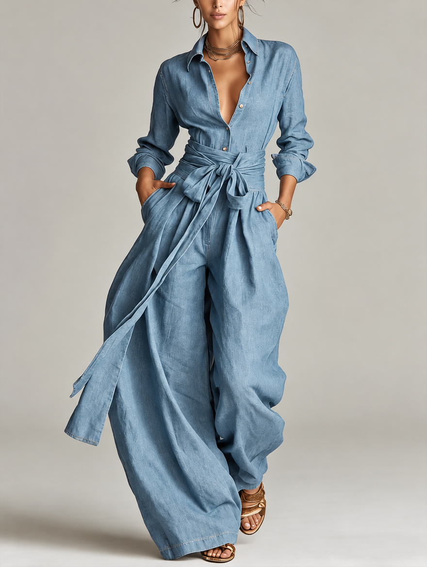 Betty tie-waist shirt and wide-leg trouser set in denim blue, front view