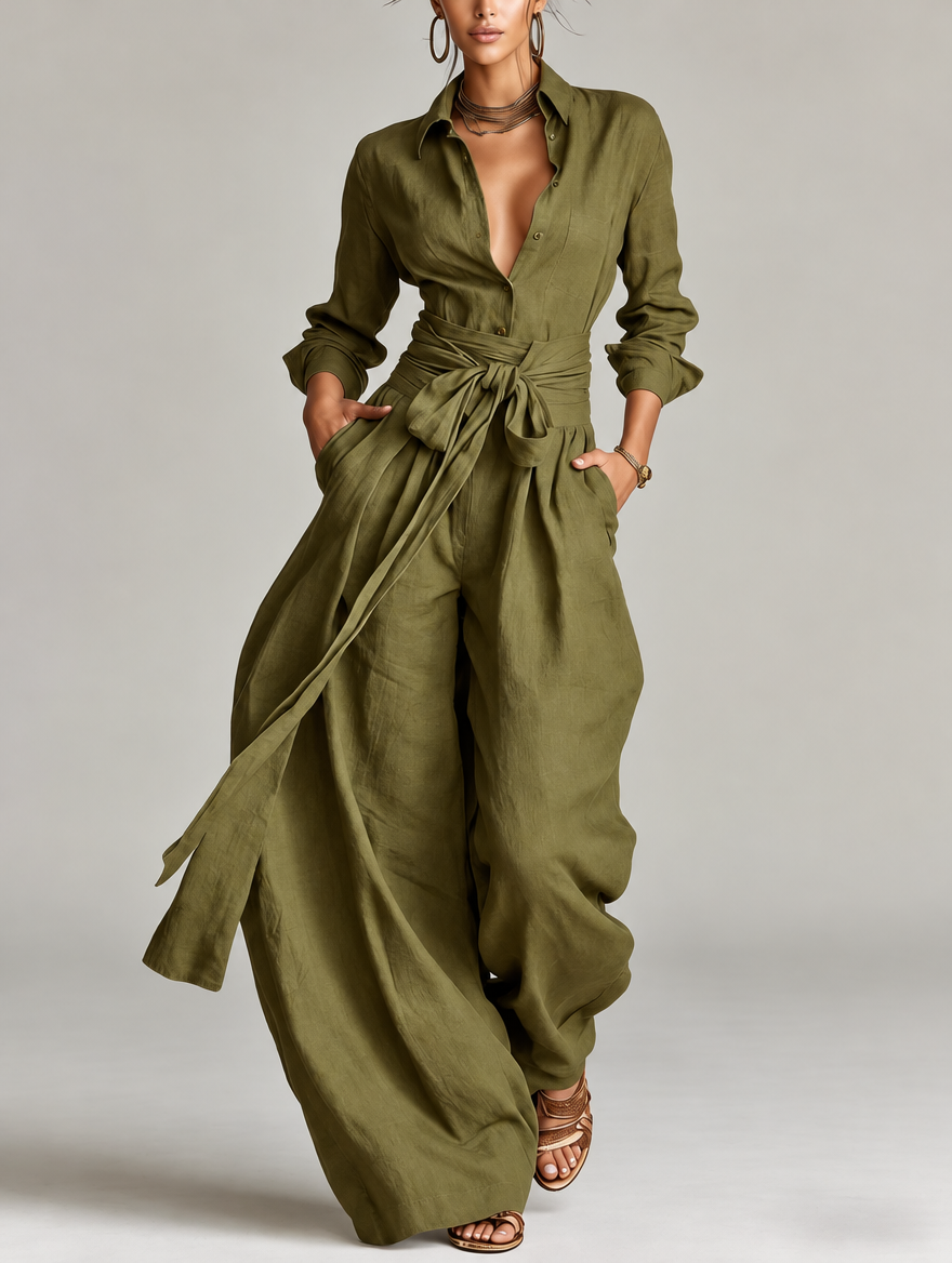 Betty tie-waist shirt and wide-leg trouser set in olive, front view