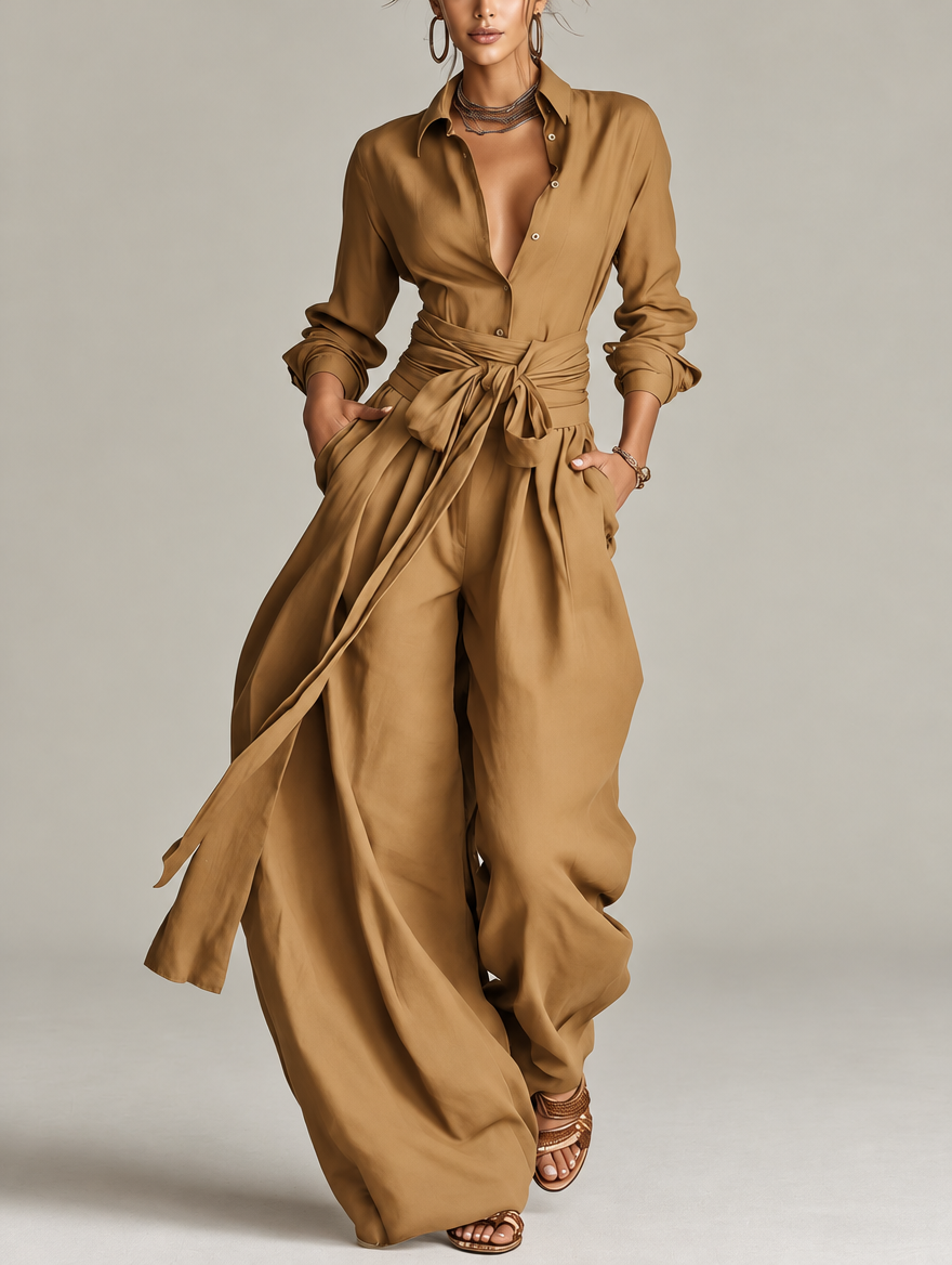 Betty tie-waist shirt and wide-leg trouser set in camel, front view