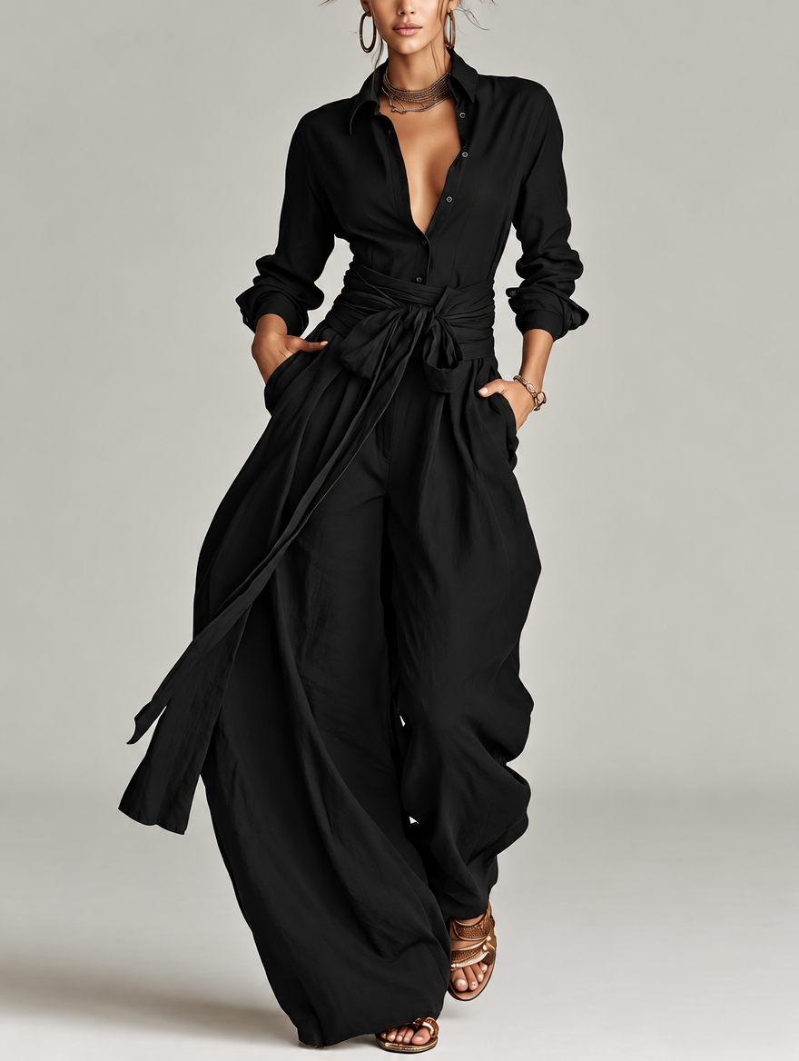 Betty tie-waist shirt and wide-leg trouser set in black, front view
