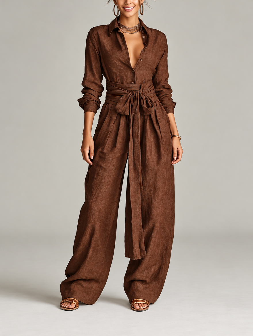 Betty tie-waist shirt and wide-leg trouser set in brown, front view