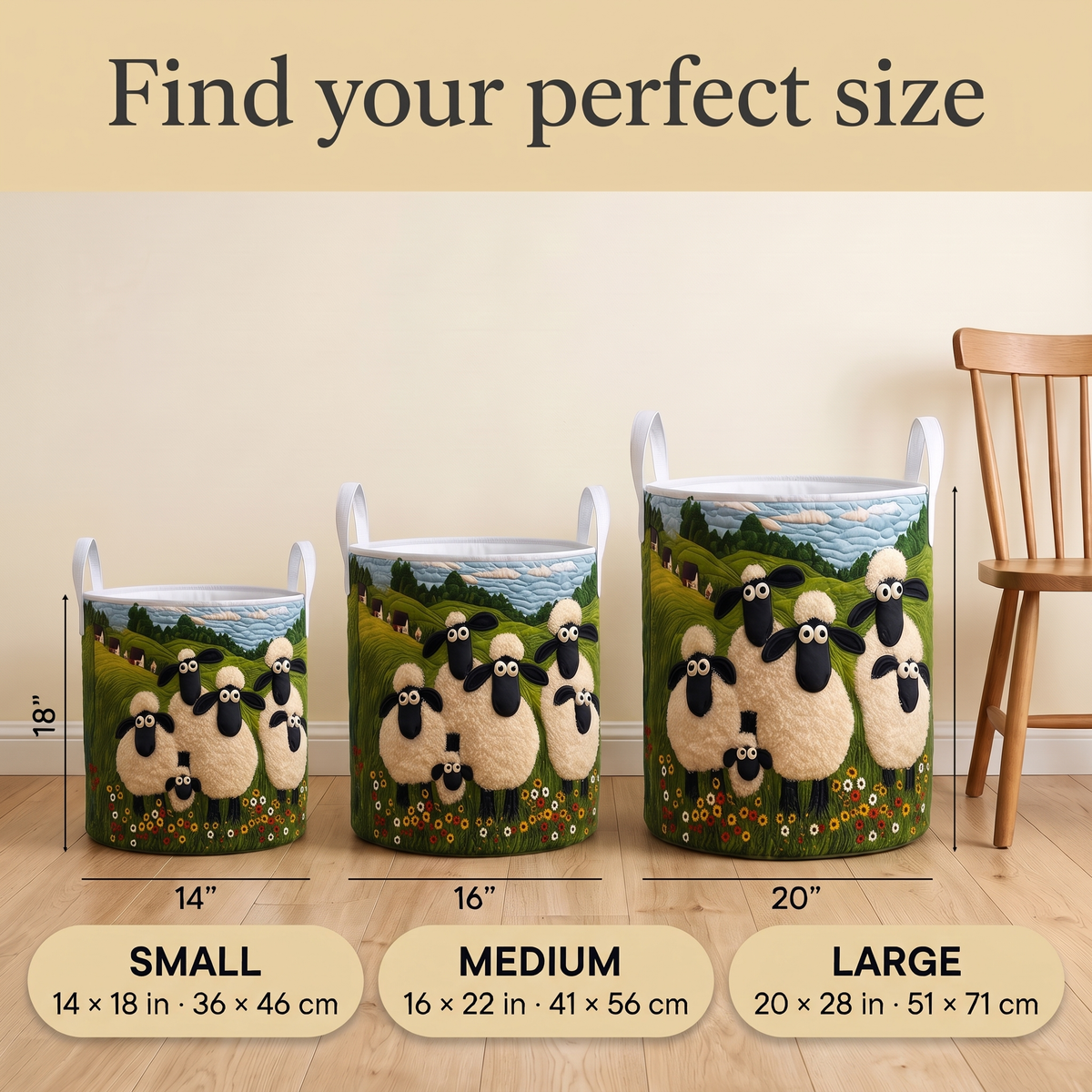 Opale hand-quilted laundry basket size guide – small, medium and large