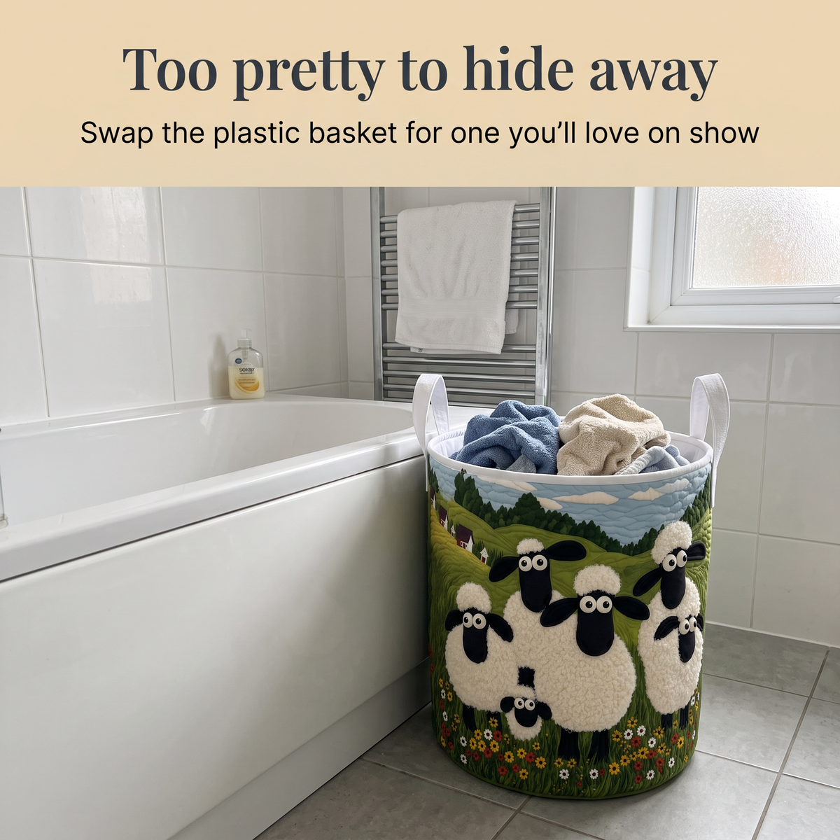 Opale hand-quilted laundry basket in a bathroom – too pretty to hide away
