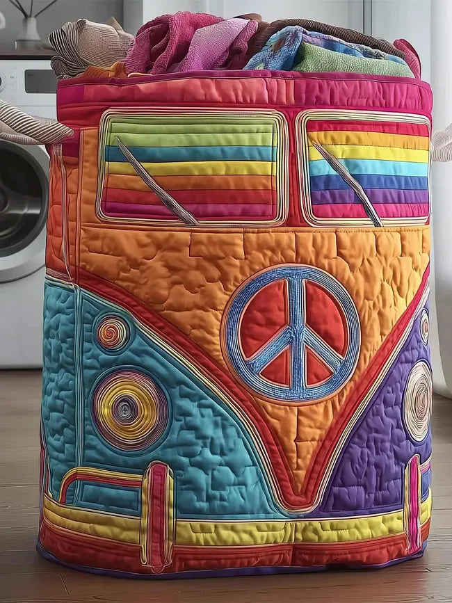 Alida hand-quilted laundry basket with a rainbow camper van with a peace sign, front view