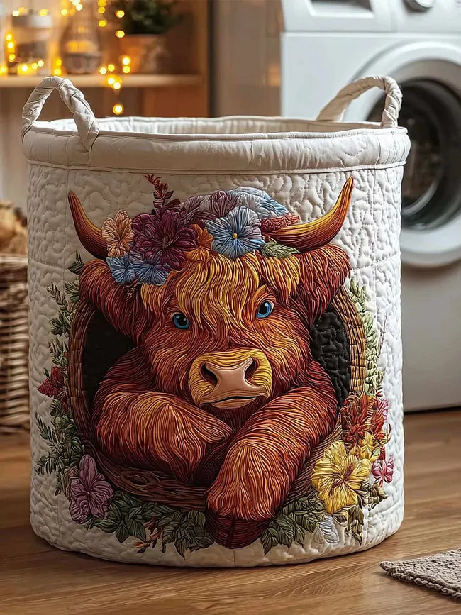 Alessia hand-quilted laundry basket with a highland cow with a flower crown, front view