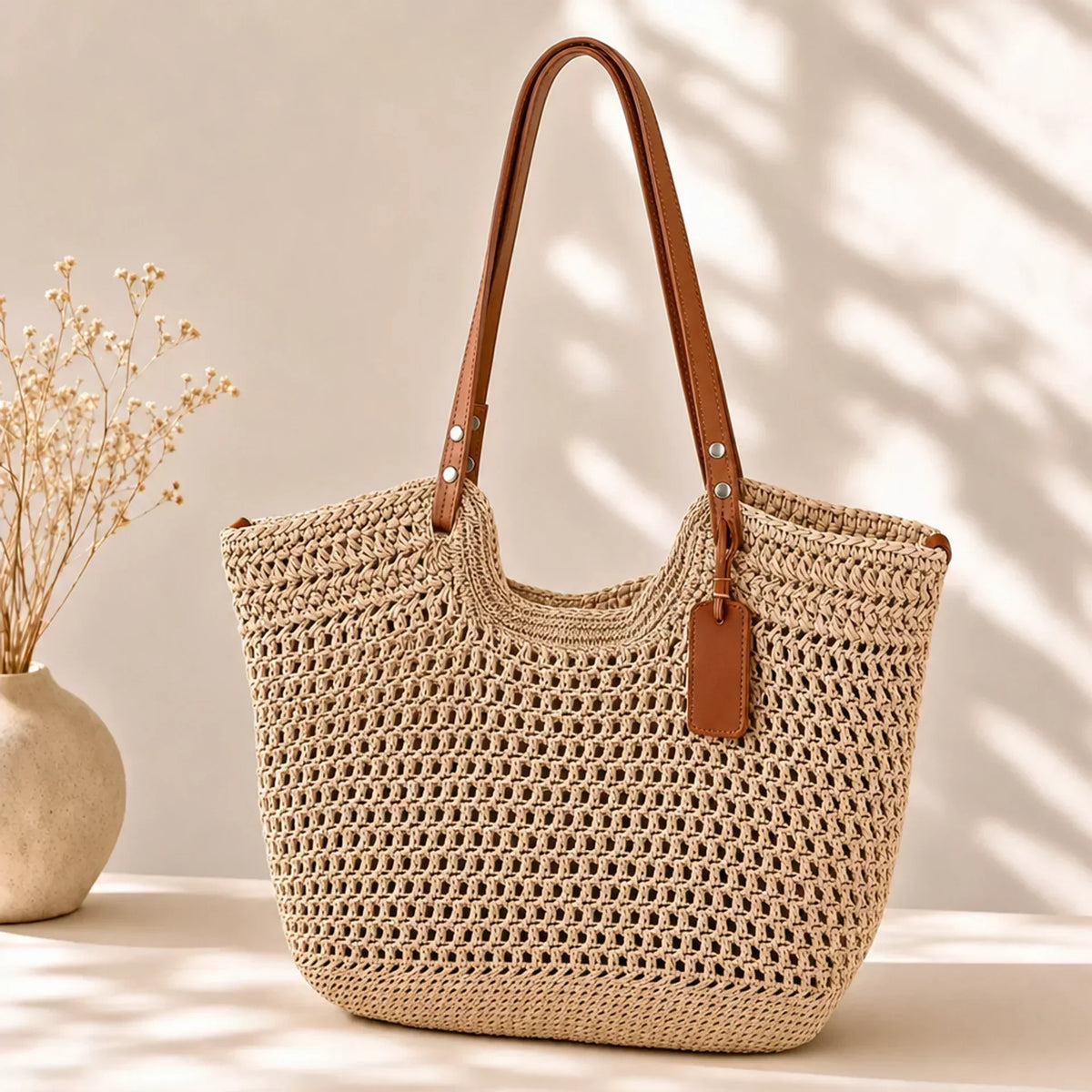 Clare handwoven crochet tote bag in khaki with brown straps, front view
