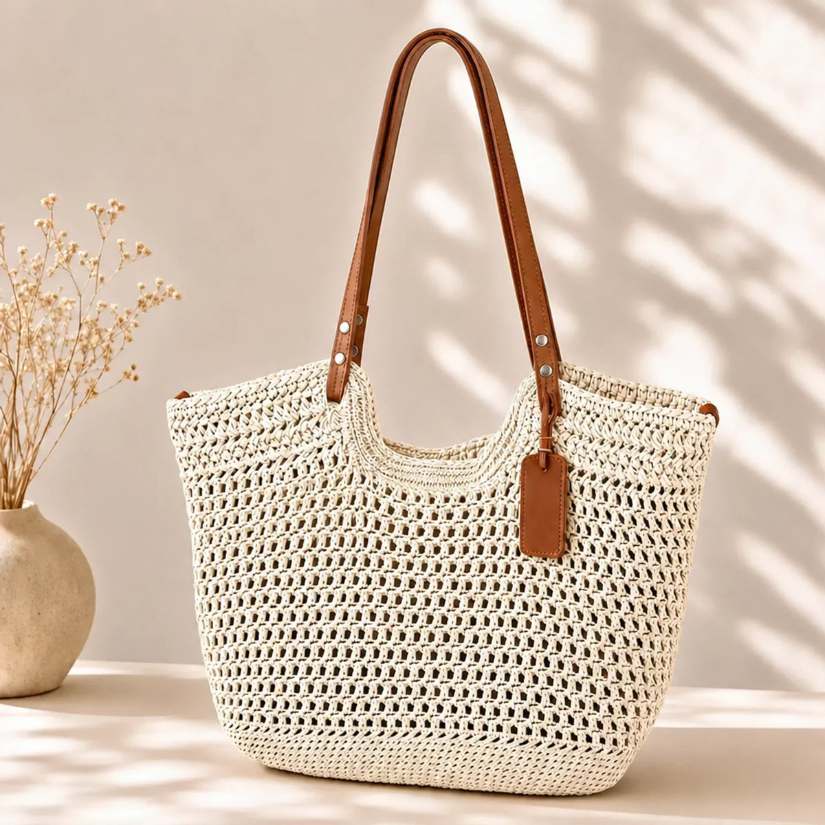 Clare handwoven crochet tote bag in natural ivory with brown straps, front view