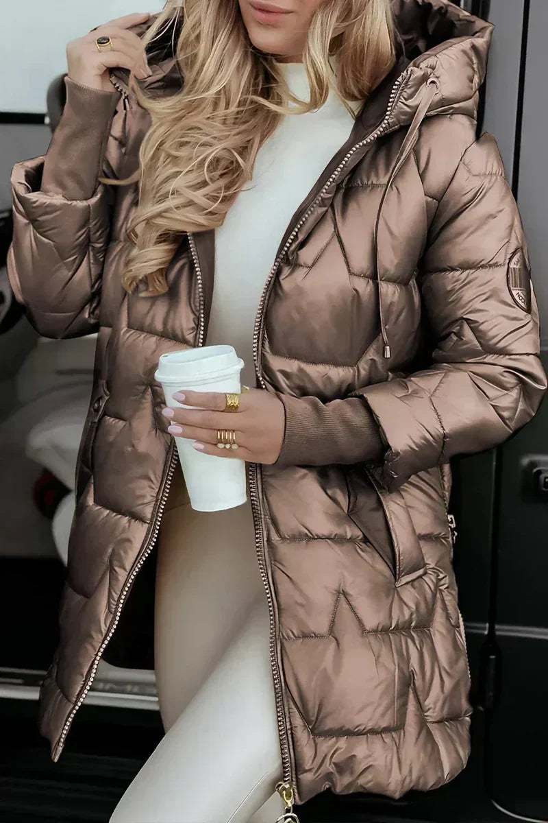 Jemima hooded puffer jacket in brown, three-quarter front view