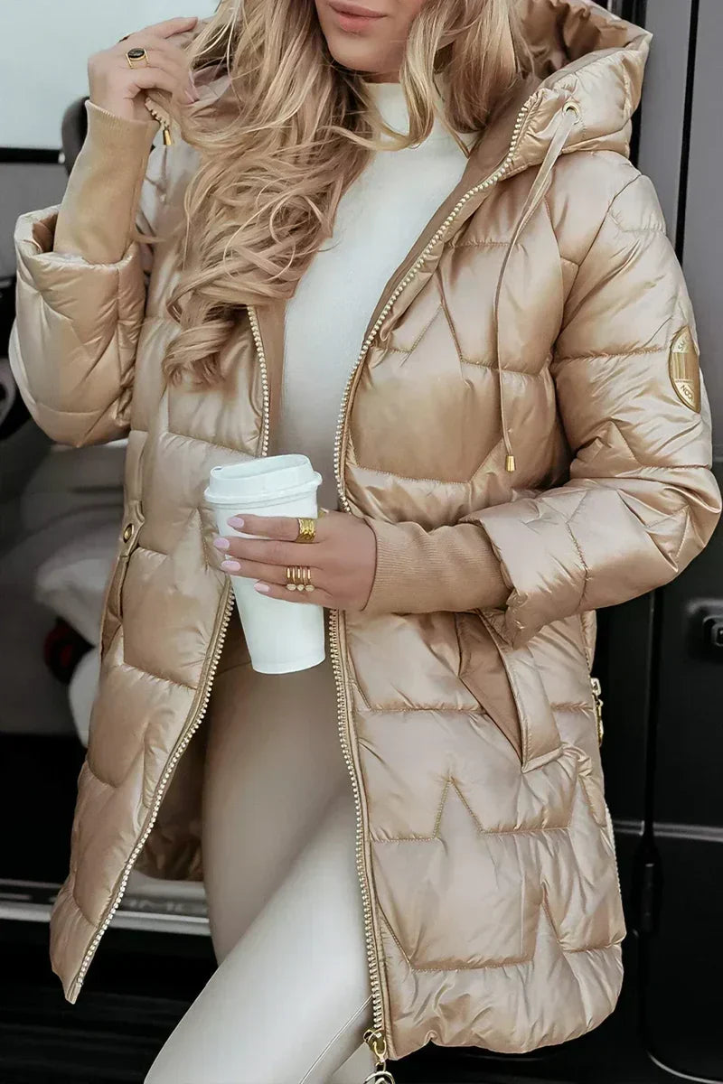 Jemima hooded puffer jacket in beige, three-quarter front view