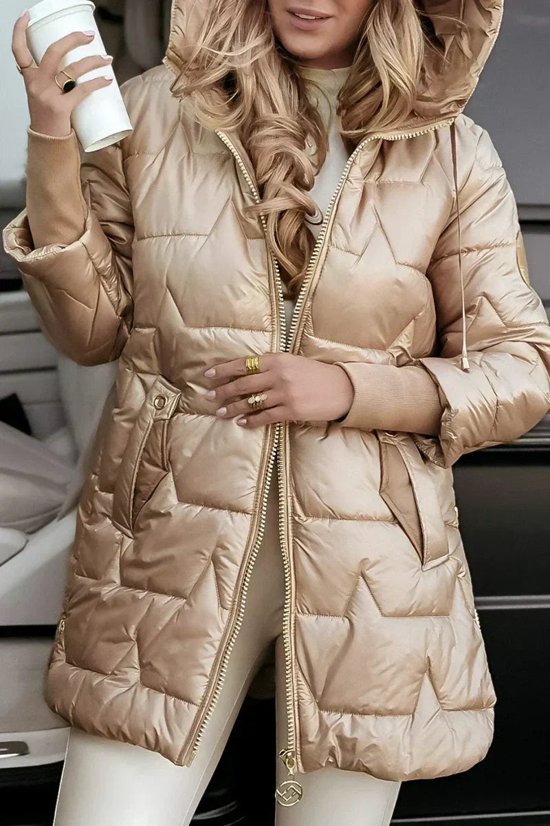 Jemima hooded puffer jacket in beige, front view with hood up