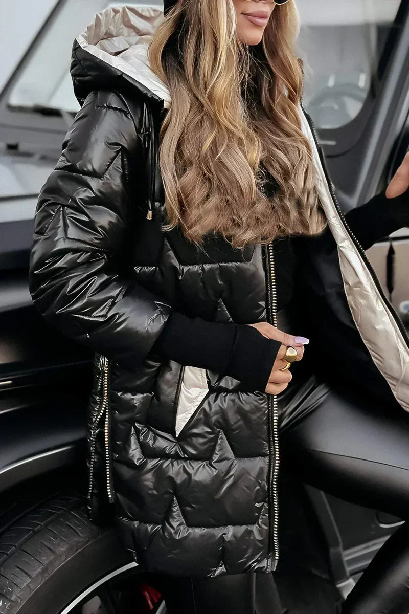 Jemima hooded puffer jacket in black, side view