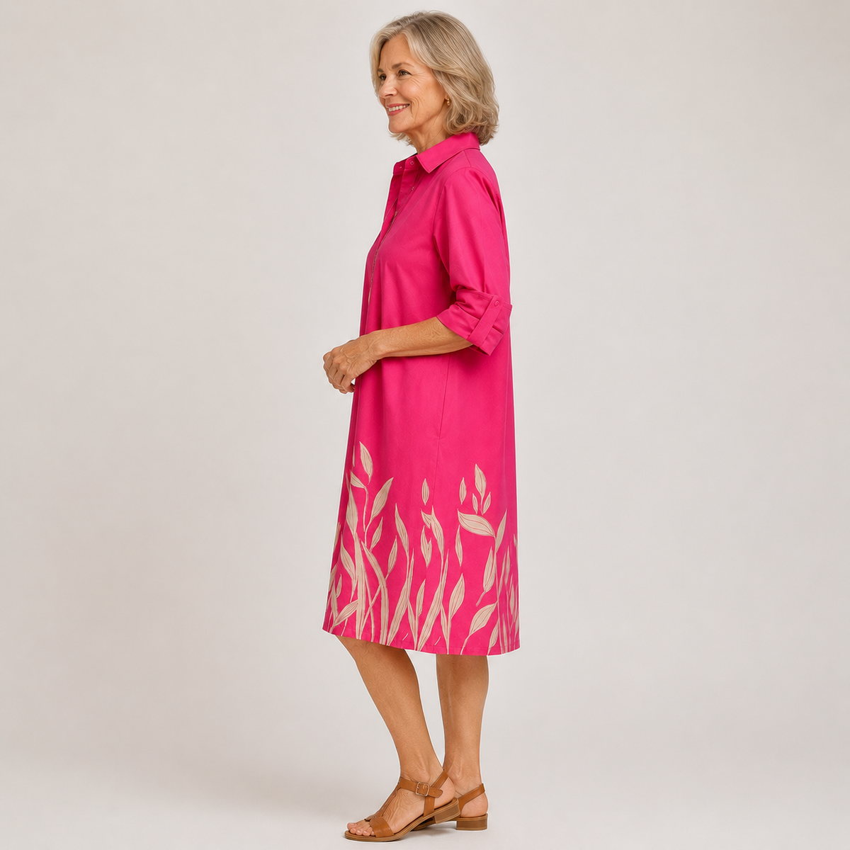 Annemarie leaf-print shirt dress in pink, side view