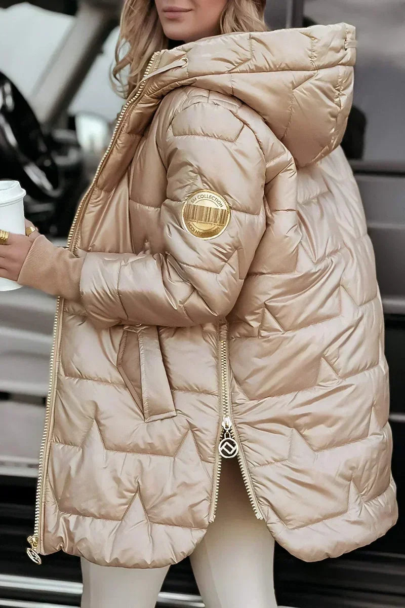 Jemima hooded puffer jacket in beige, side view with sleeve badge and hood
