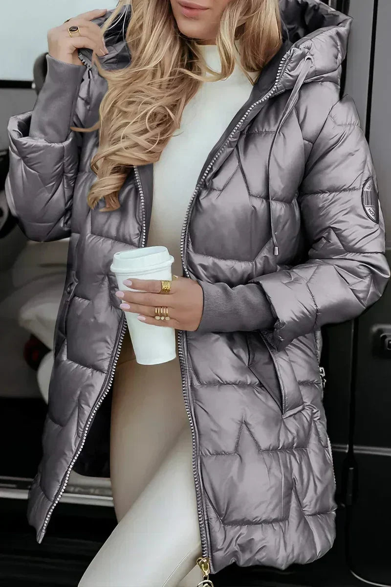 Jemima hooded puffer jacket in grey, three-quarter front view