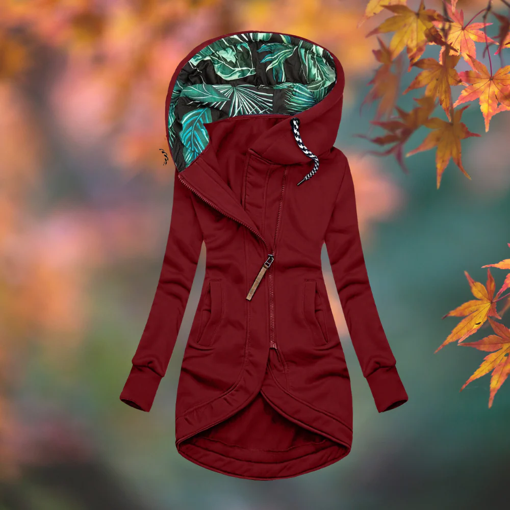 Letitia warm hooded jacket in wine red, front view