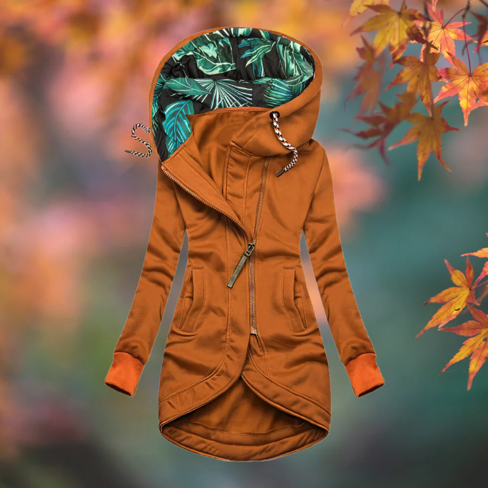 Letitia warm hooded jacket in orange, front view