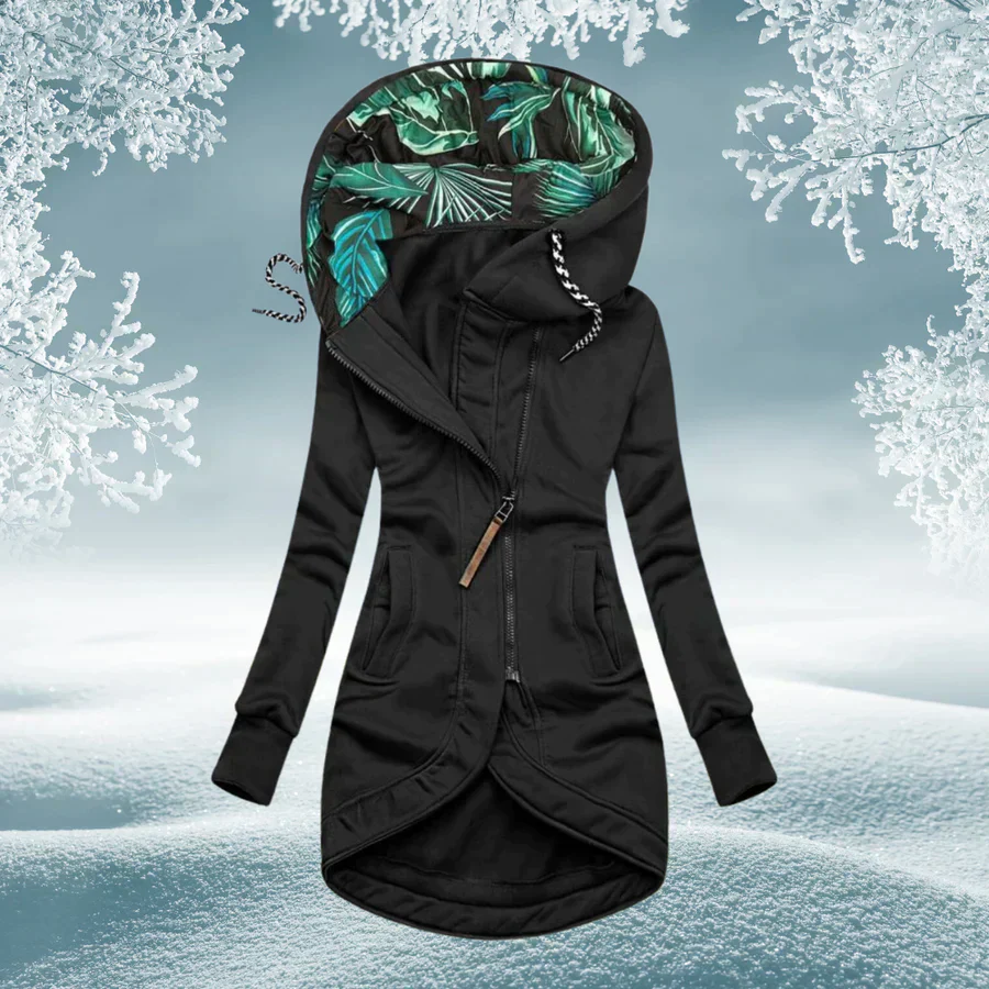 Letitia warm hooded jacket in black, front view