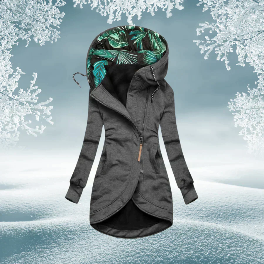Letitia warm hooded jacket in grey, front view