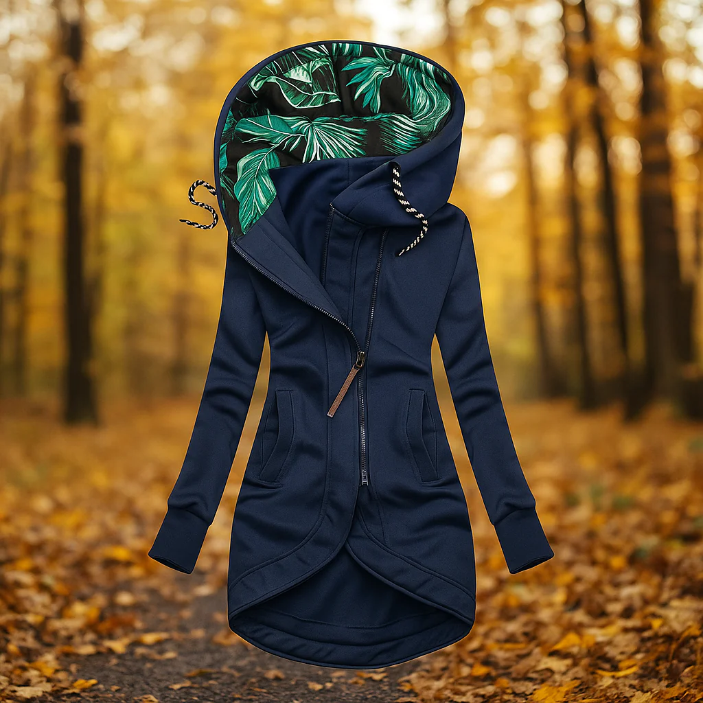Letitia warm hooded jacket in navy, front view