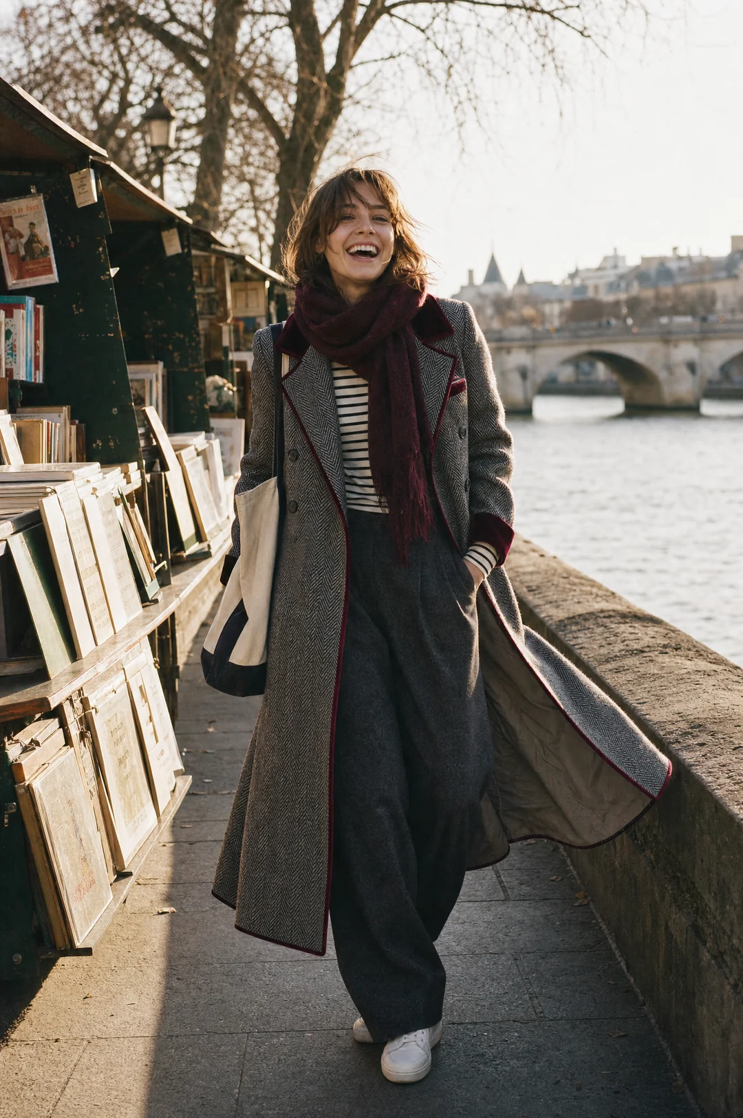 Demelza herringbone wool long coat with velvet trim, view 5