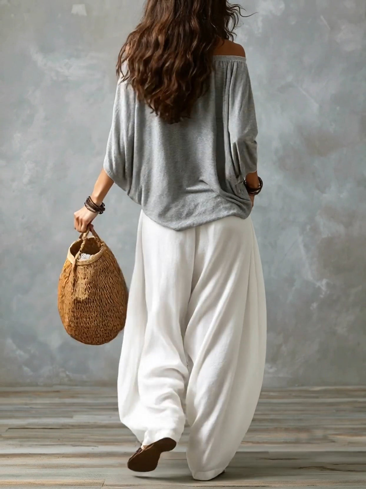 Elisabeth off-shoulder top and lantern trouser set in grey, back view