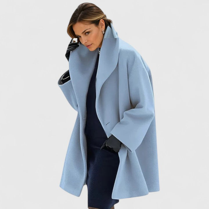 Thomasina oversized shawl-collar coat in blue, front view