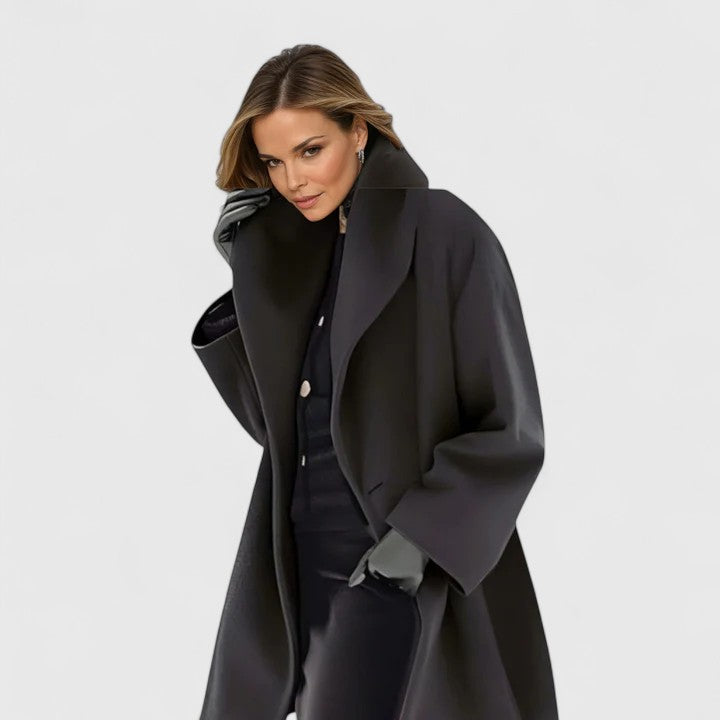 Thomasina oversized shawl-collar coat in black, front view