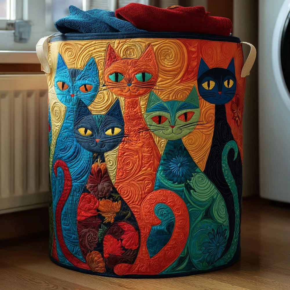 Eugenia hand-quilted laundry basket with jewel-tone cats in blue, orange and teal, front view