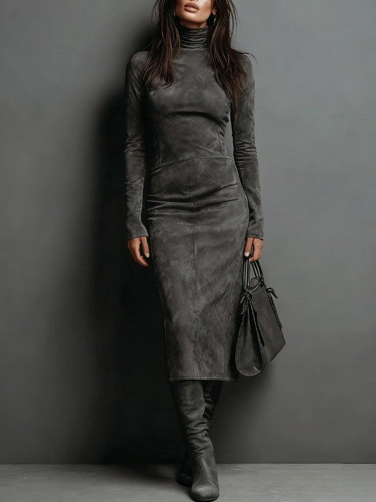 Honorine suede-look turtleneck midi dress in dark grey, front view