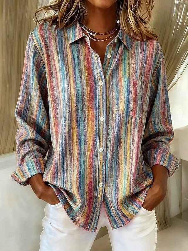 Harlowe vintage striped button blouse in multicolour, front view with chest pocket