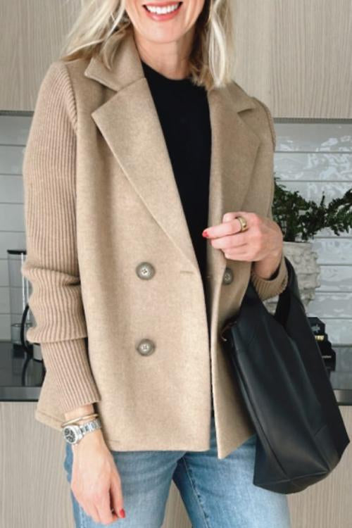 Sasha knit-sleeve blazer coat in brown, worn open with jeans