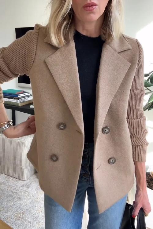Sasha knit-sleeve blazer coat in brown, front view with ribbed knit sleeves