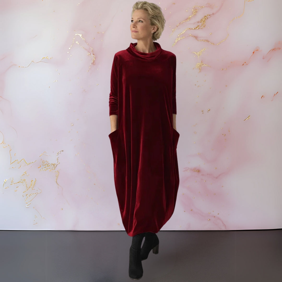 Corisande velvet cocoon maxi dress in red, full-length front view