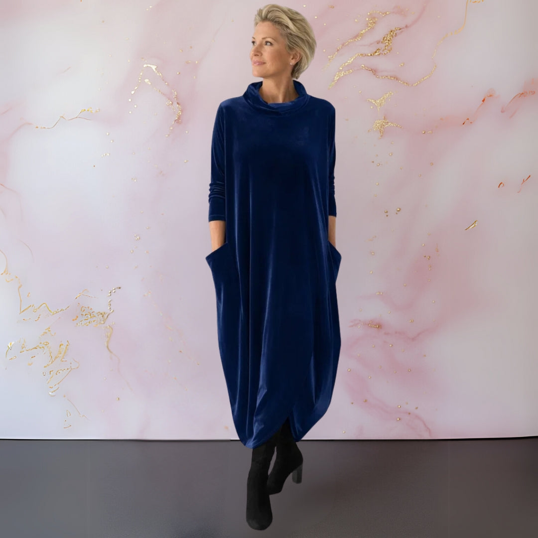 Corisande velvet cocoon maxi dress in blue, full-length front view