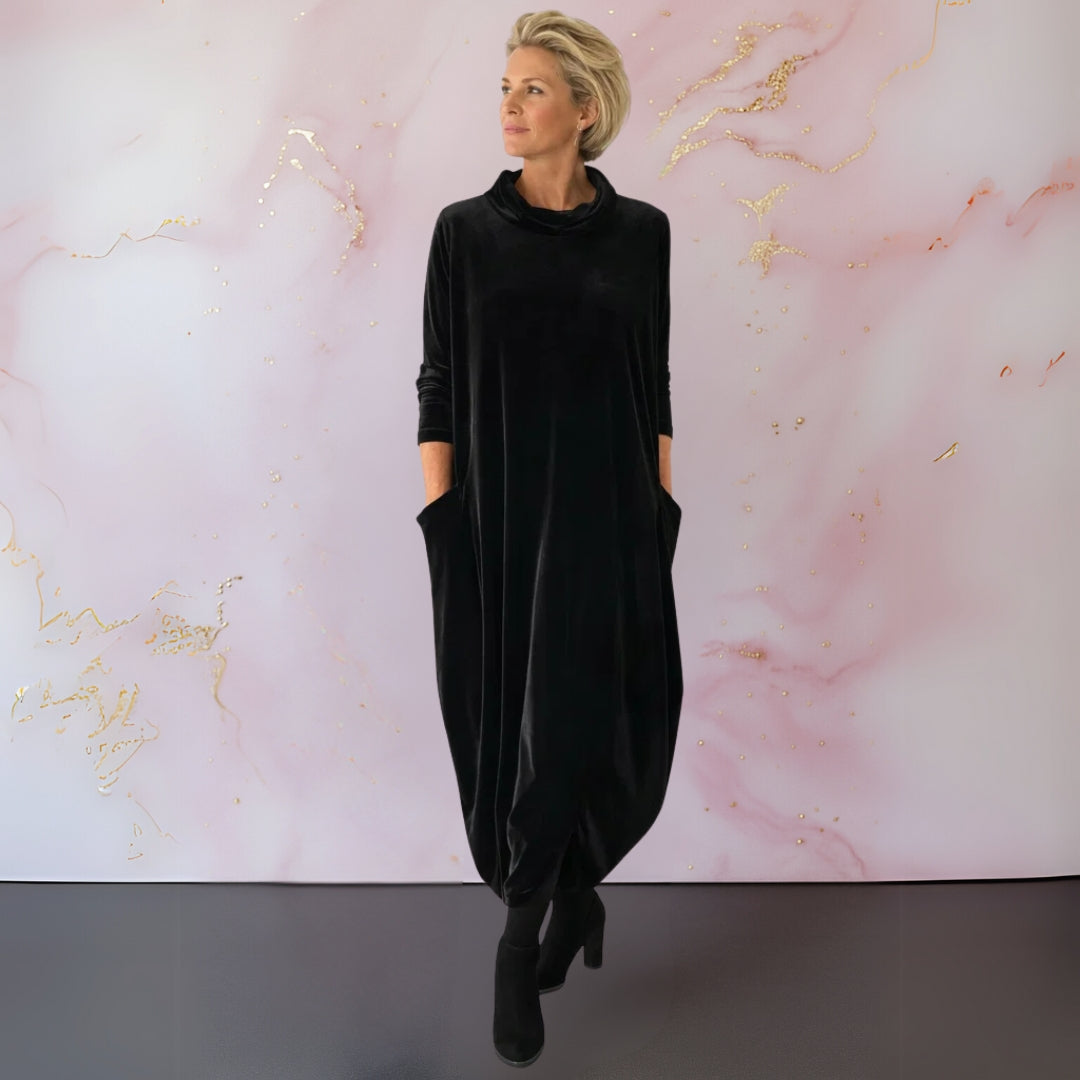 Corisande velvet cocoon maxi dress in black, full-length front view