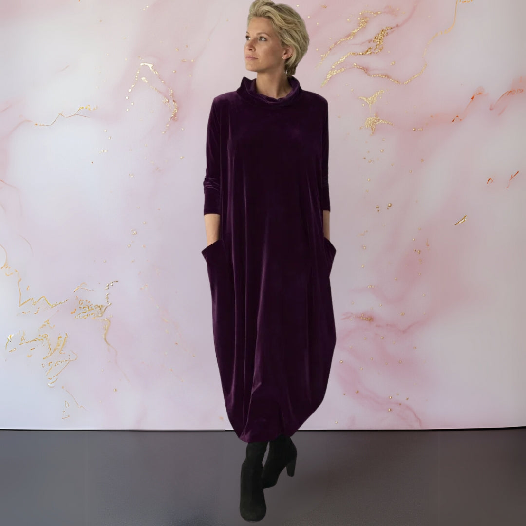 Corisande velvet cocoon maxi dress in purple, full-length front view