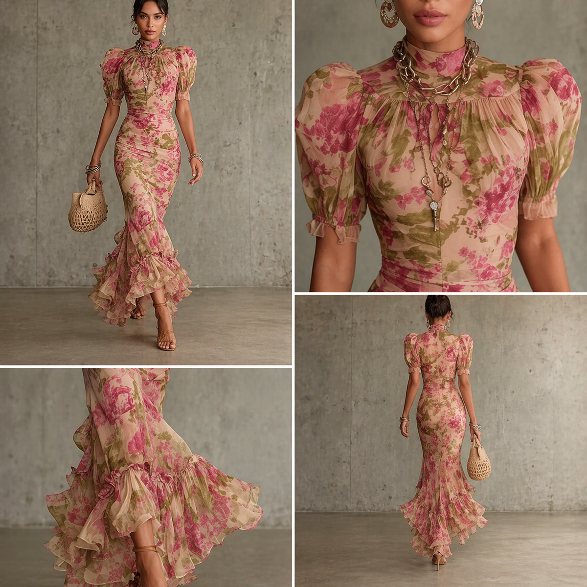 LIORA™ | Floral Puff-Sleeve Maxi Dress.