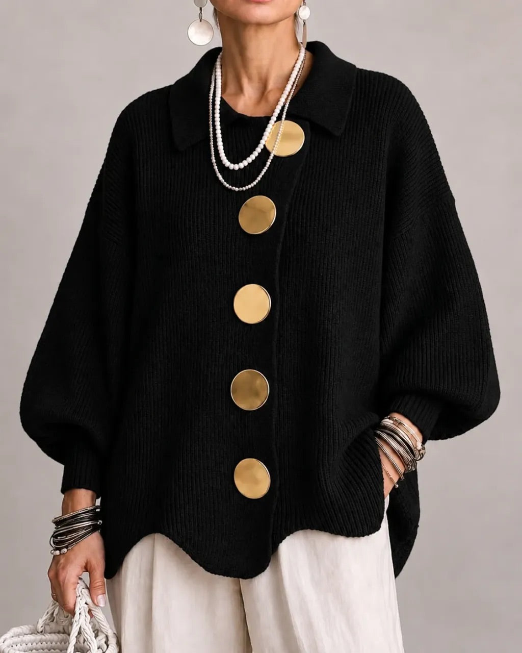 Carwen collared button cardigan in Black, front view
