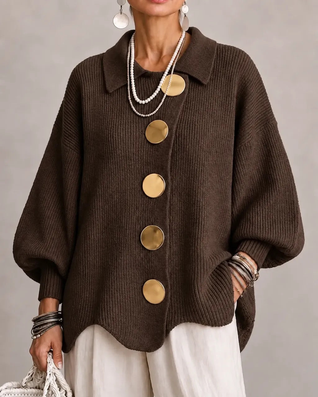 Carwen collared button cardigan in Brown, front view