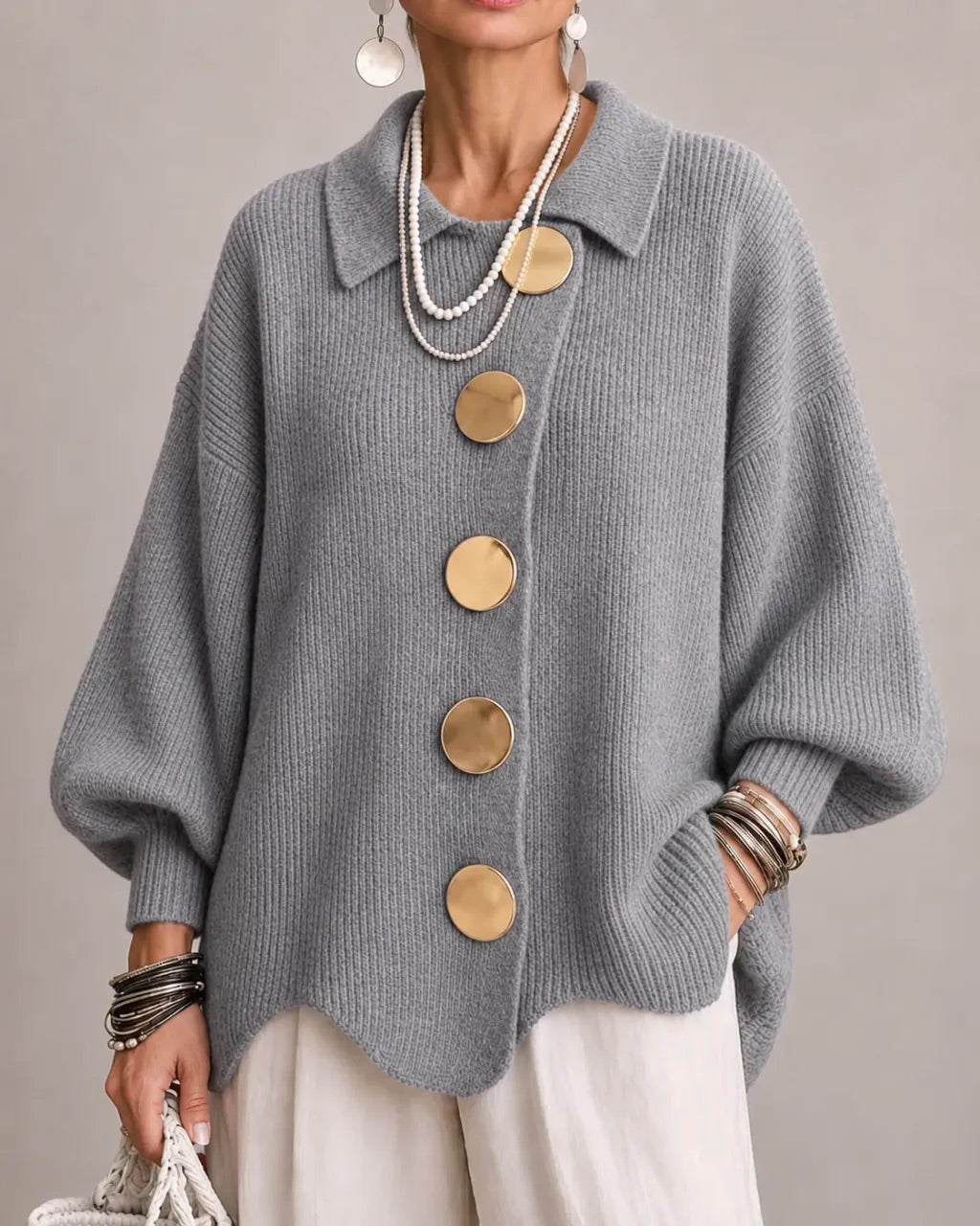 Carwen collared button cardigan in blue-grey, front view