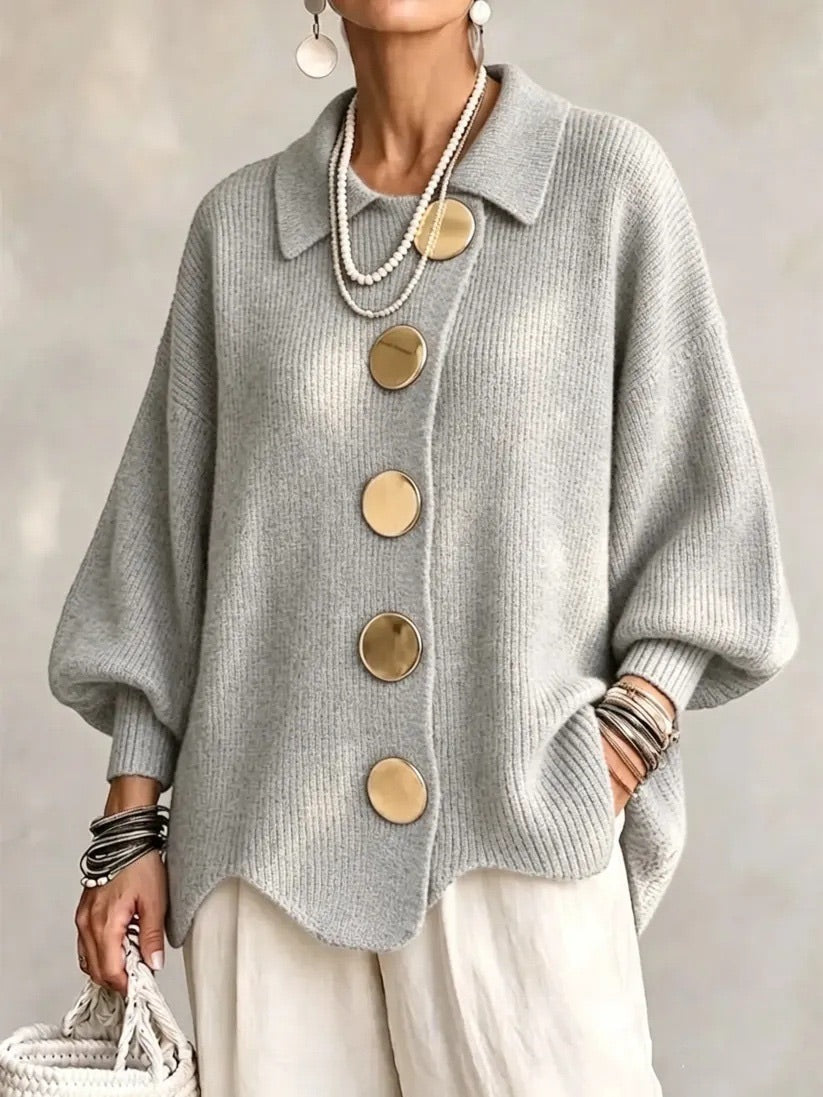 Carwen collared button cardigan in Grey, front view