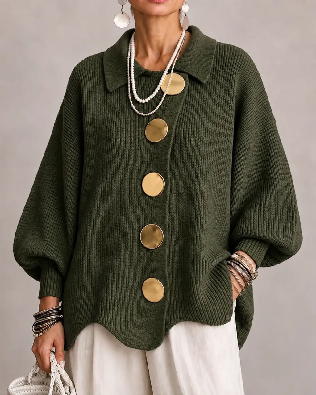 Carwen collared button cardigan in Green, front view