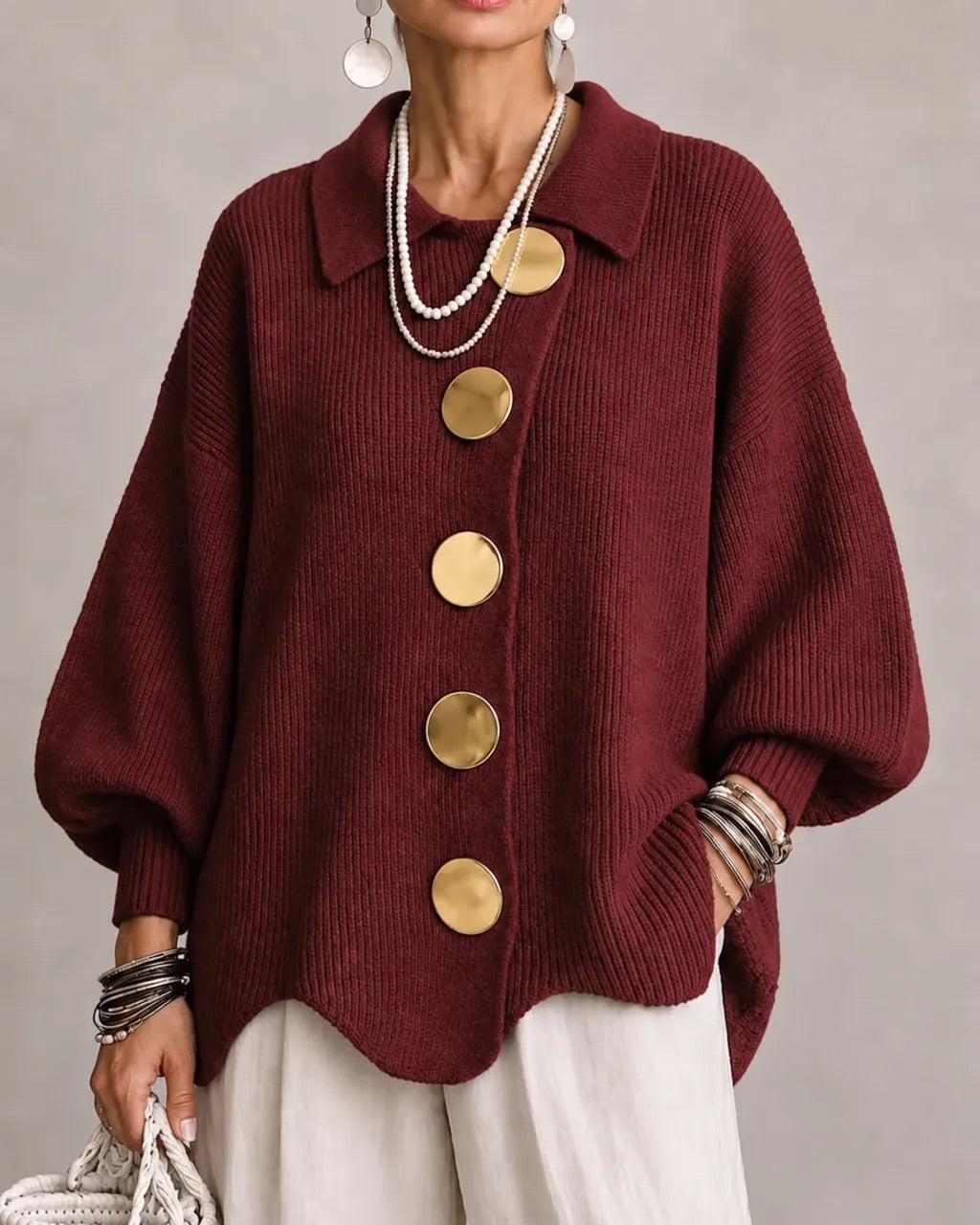 Carwen collared button cardigan in burgundy, front view
