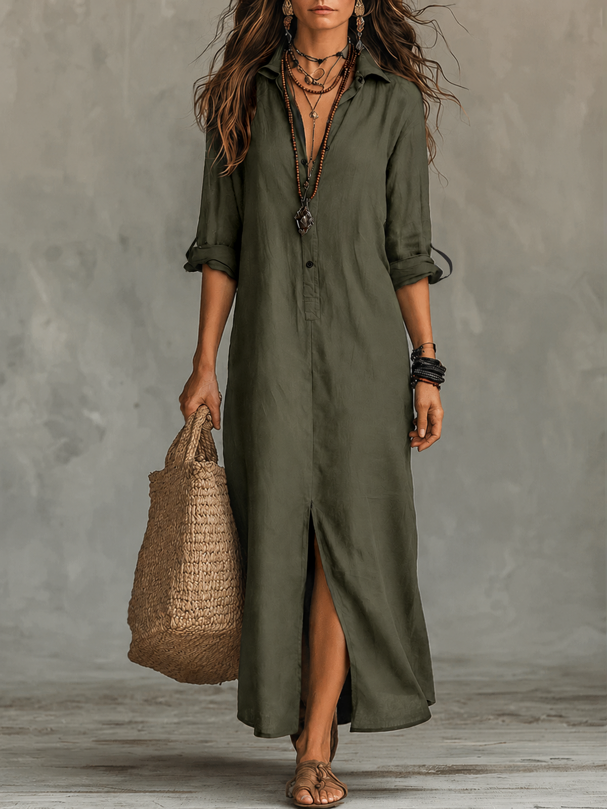 Marian long linen-look shirt dress in olive green, full-length front view
