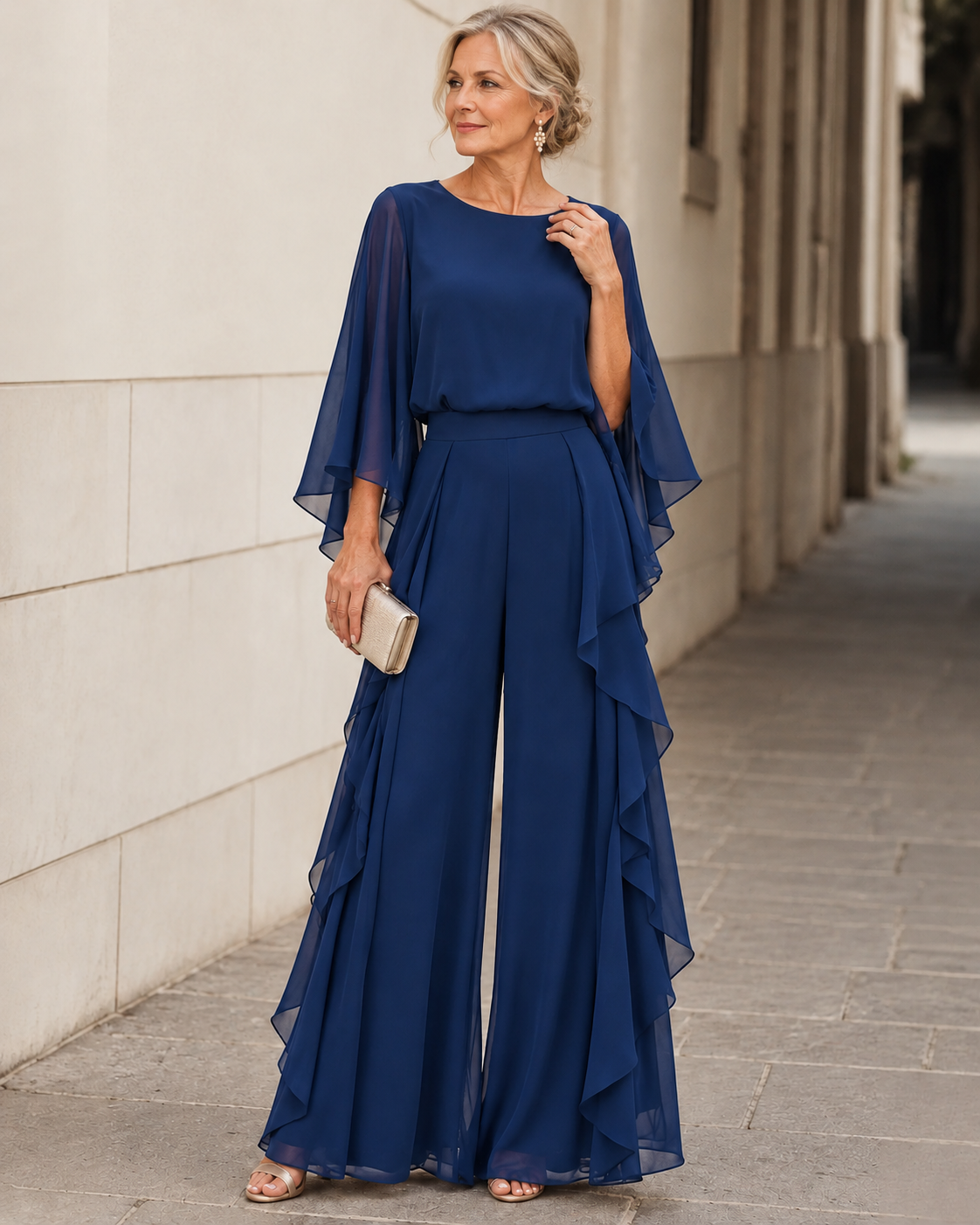 Lenorah cape-sleeve trouser set in navy, full-length front view
