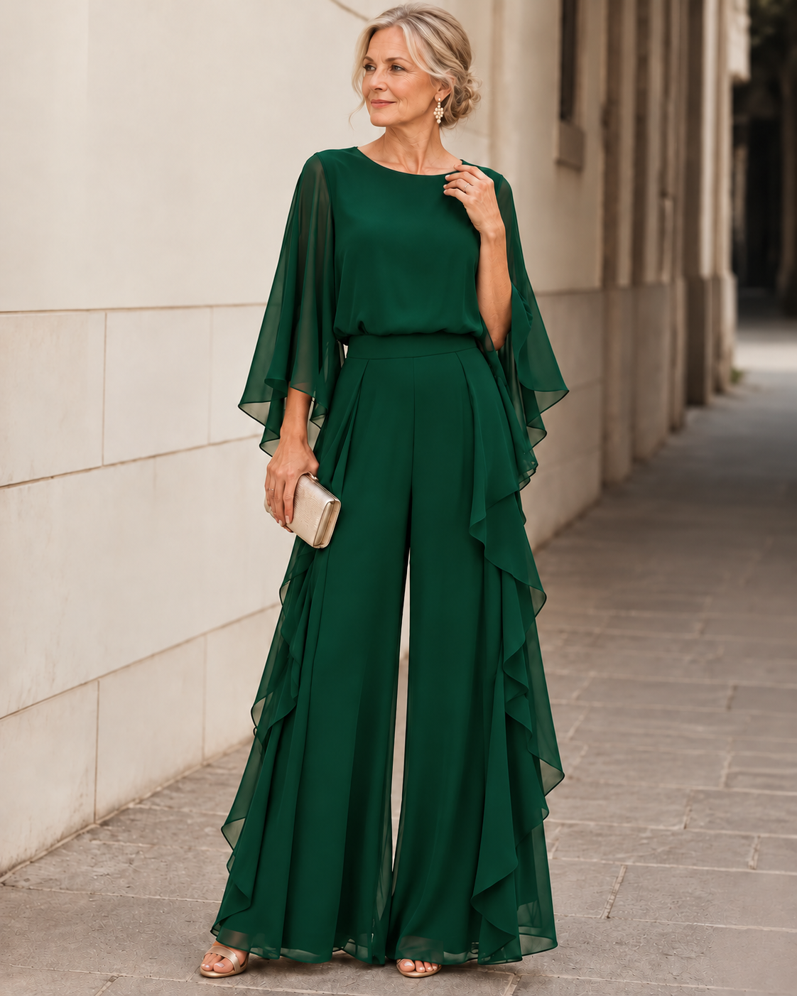 Lenorah green cape-sleeve trouser set on mature blonde model