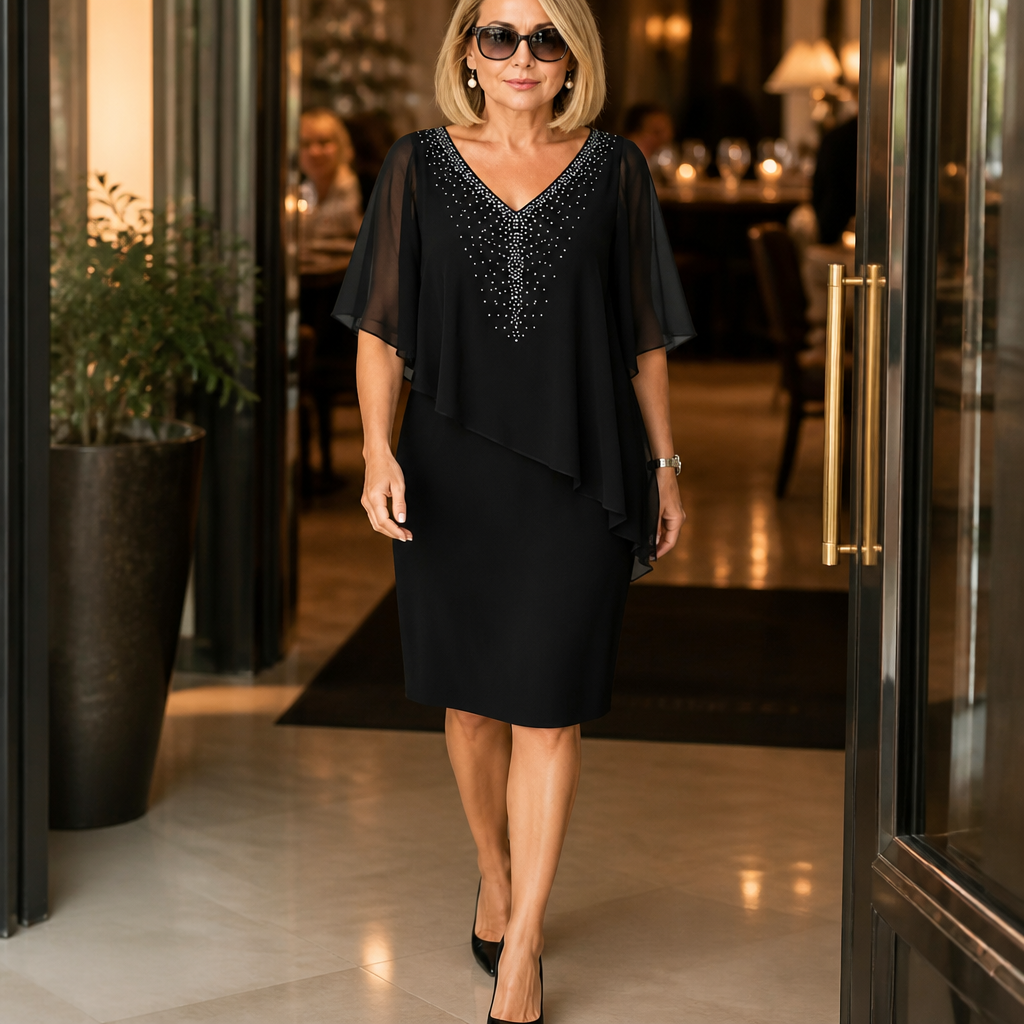 Jessamy embellished overlay dress in black, full-length view walking out of a restaurant