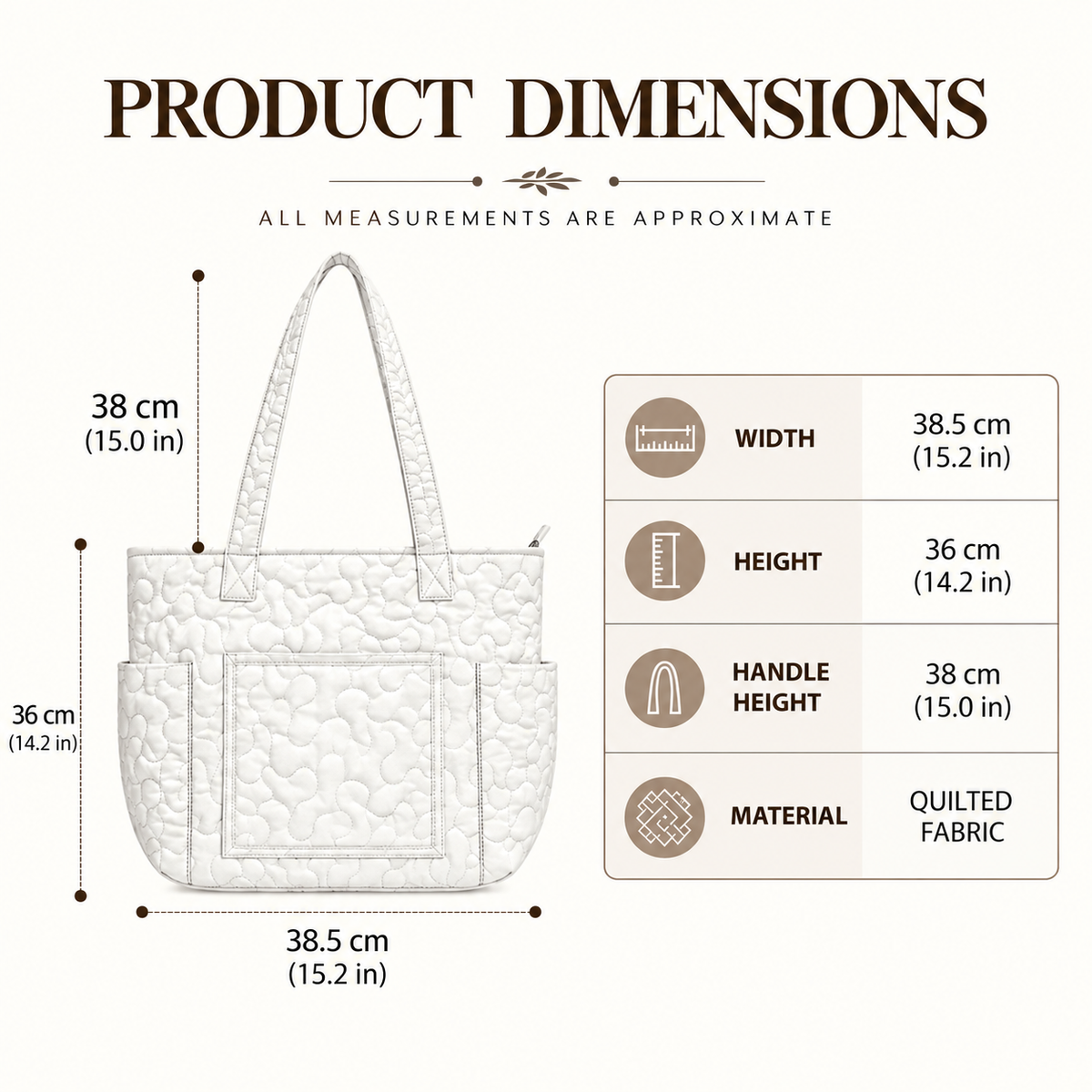 Quilted tote product dimensions in centimetres and inches